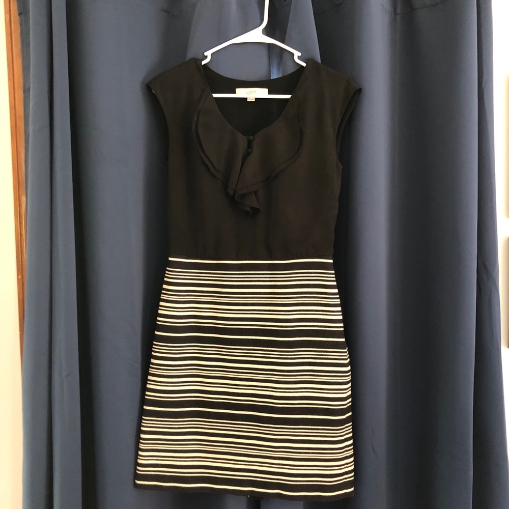 LOFT striped sheath ruffle neck dress
